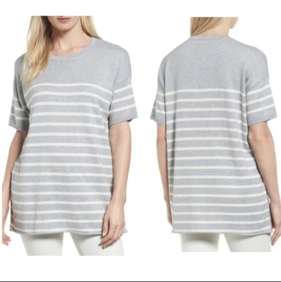 Eileen Fisher Organic Cotton Striped Short Sleeve Sweater - Picture 1 of 11